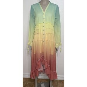 Hazel & Olive Rainbow Colored Tiered Hi Lo Ruffle Maxi Dress Raw Hem Detail Sz S